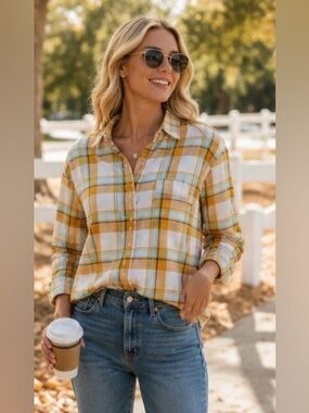 J. Crew Mustard and White Plaid Casual Shirt